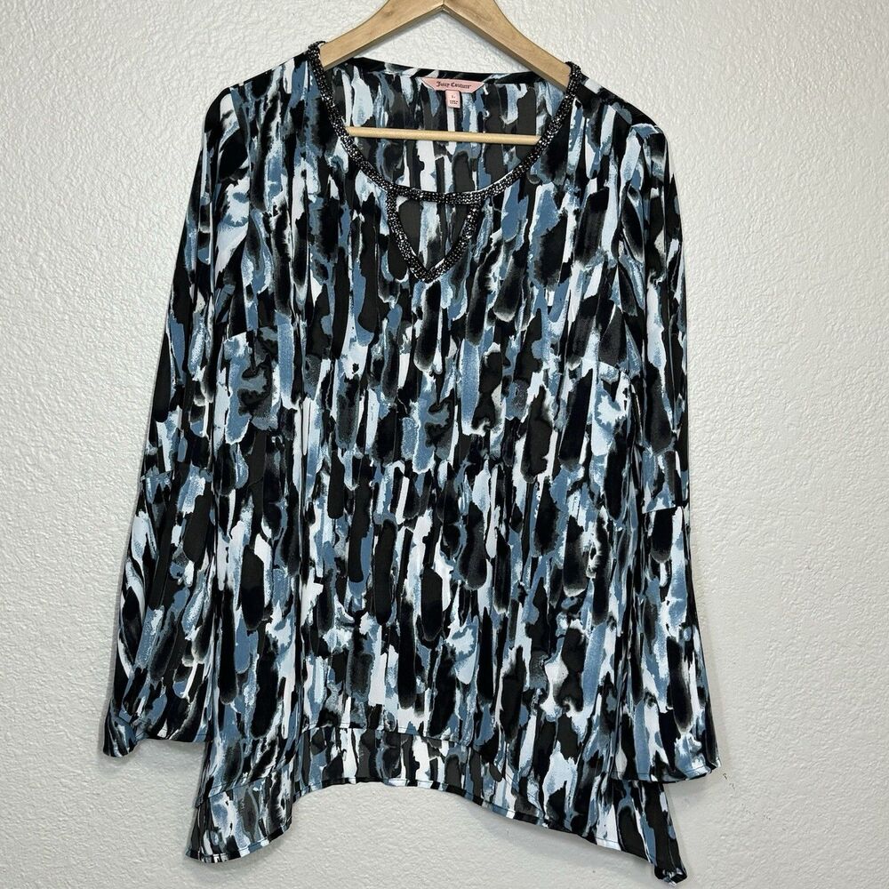 Juicy Couture Beaded Flowy Blouse Blue Blurred Print Y2K Special Occasion Size L